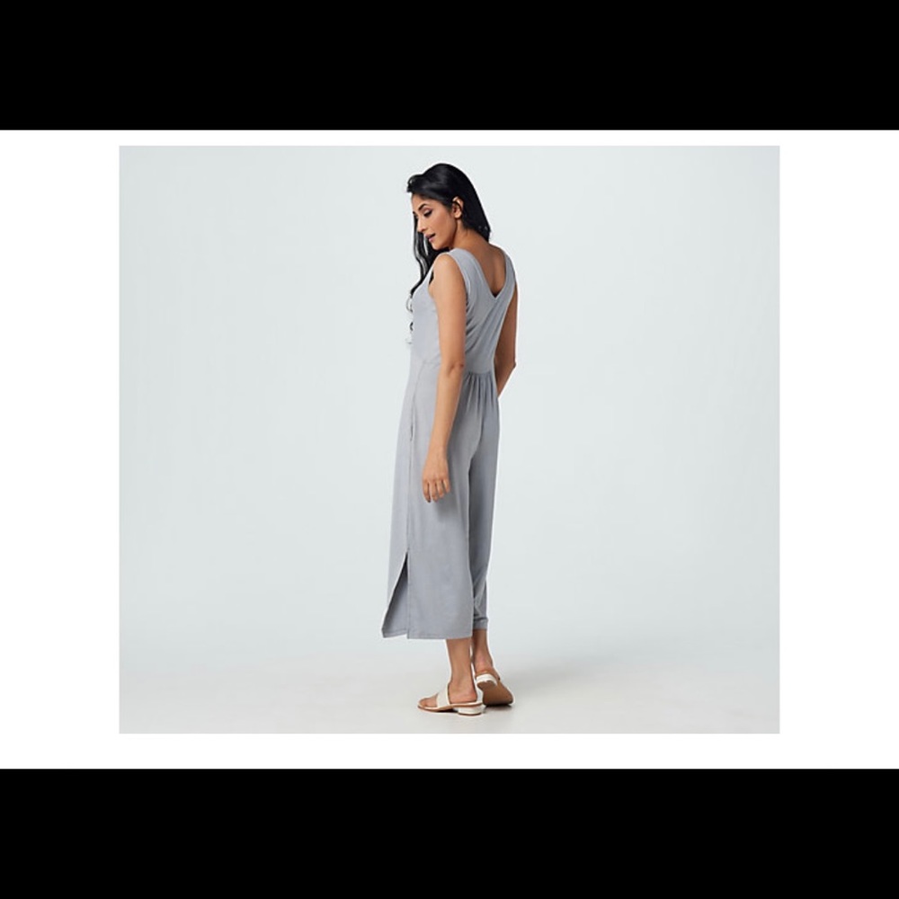 Cuddl Duds Petite Flexware V-Neck Wide-Leg Jumpsuit - PL - Teal Hibiscus - New - Picture 5 of 6